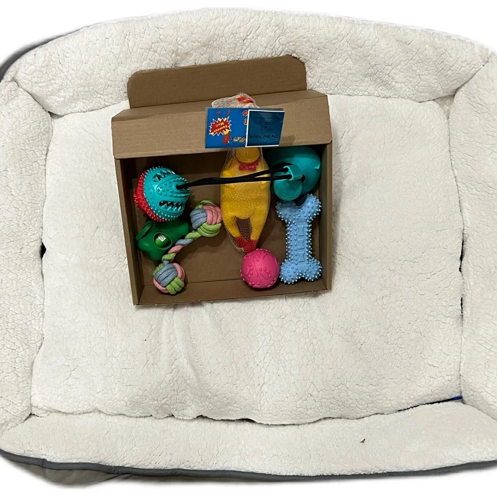 This is a bundle of pet toys with the bed. This is great for medium size dog ,
